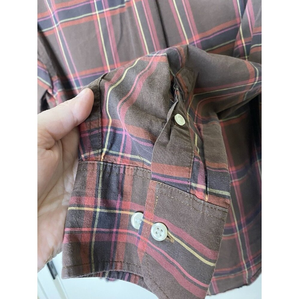 IZOD Men's M Plaid Button Down Shirt Brown Pink Yellow Navy Long Sleeve Cotton - Picture 5 of 7